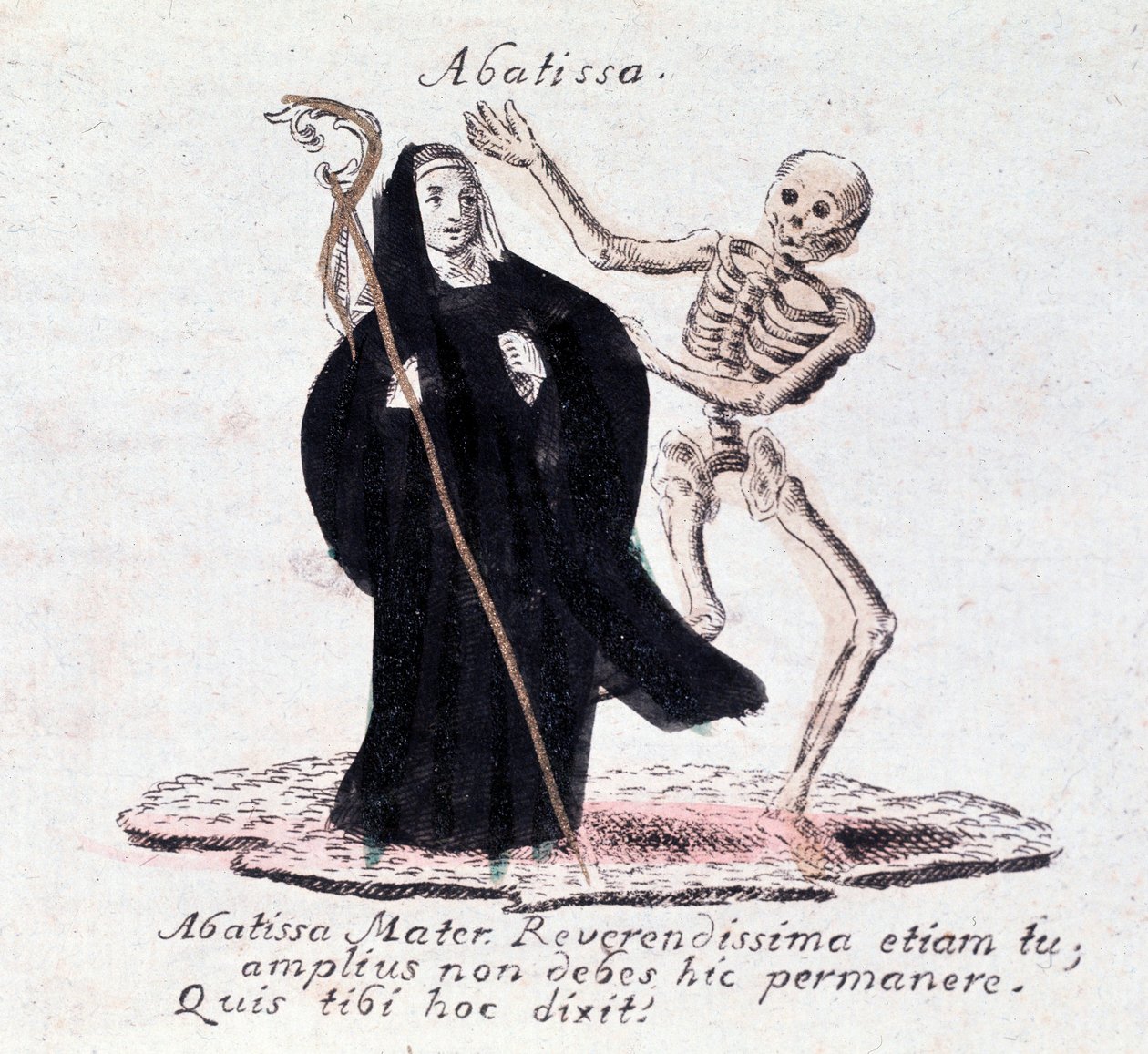 Ölümün dansı, başrahibe ve iskelet (Baskı) by Unknown artist