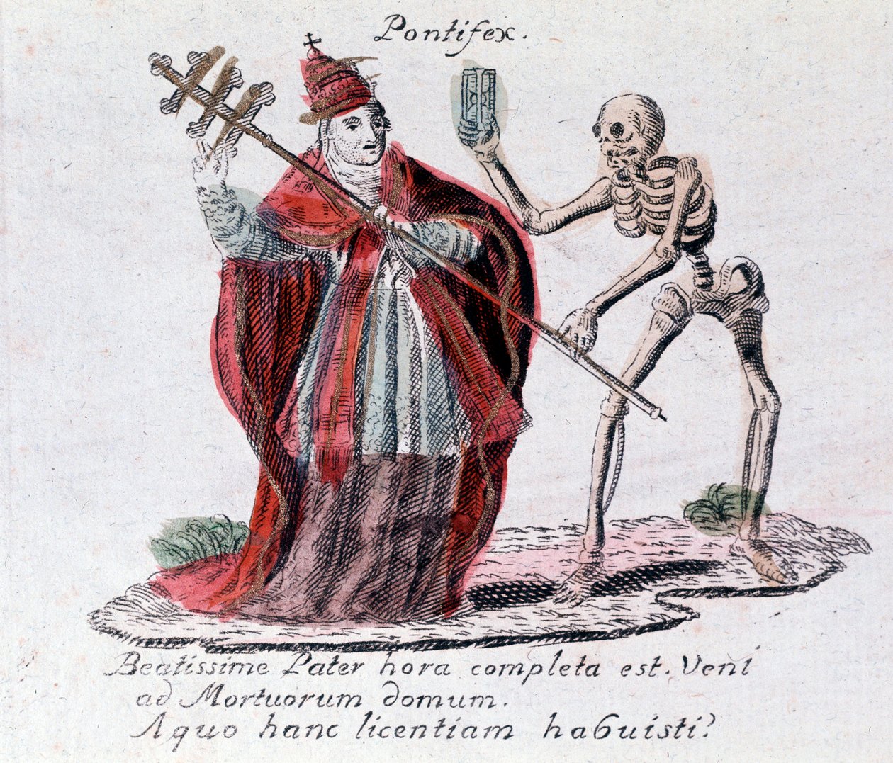 Ölümün dansı, papa ve iskelet (baskı) by Unknown artist
