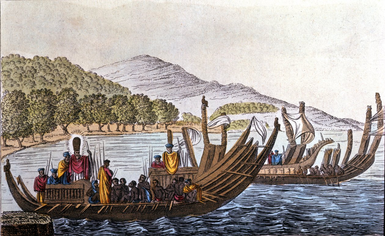 Çift gövdeli kanolarda Pasifik için Polinezyalılar bölümü. 19. yüzyılın başından itibaren litografi by Unknown artist