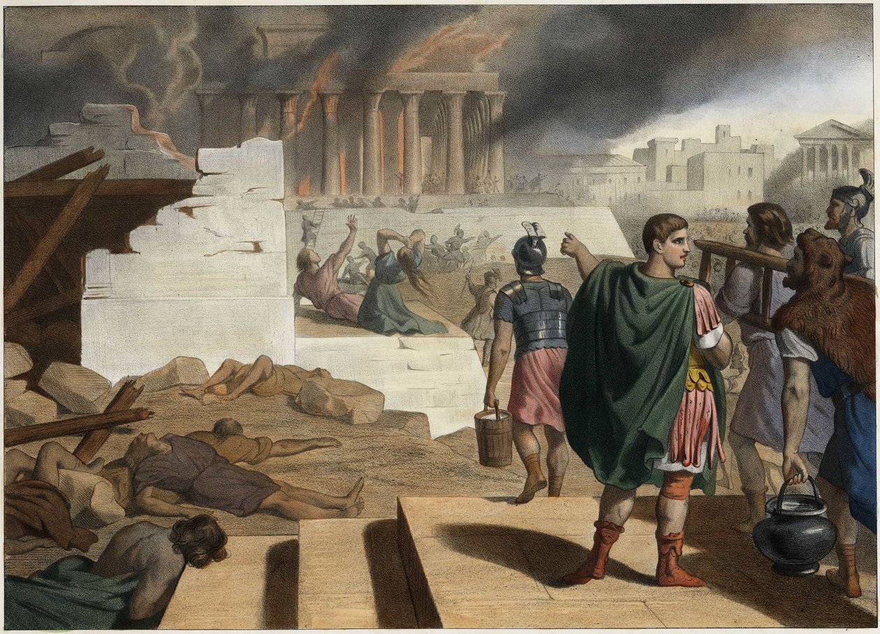 70 yılında Roma İmparatoru Titus tarafından Kudüs tapınağının ve kentinin yıkılması (40-81). 19. yüzyılın ortalarından anonim gravür. by Unknown artist