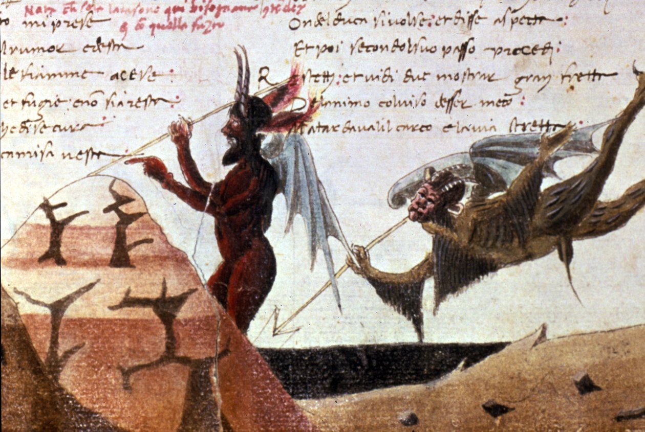 14. yüzyılda Dante Alighieri (1265 - 1321) tarafından yazılan Divina Commedia'nın (İlahi Komedya) el yazısı baskısından sonra cehennem çemberindeki şeytanlar. Bibl.Trivulziana Milan. by Unknown artist