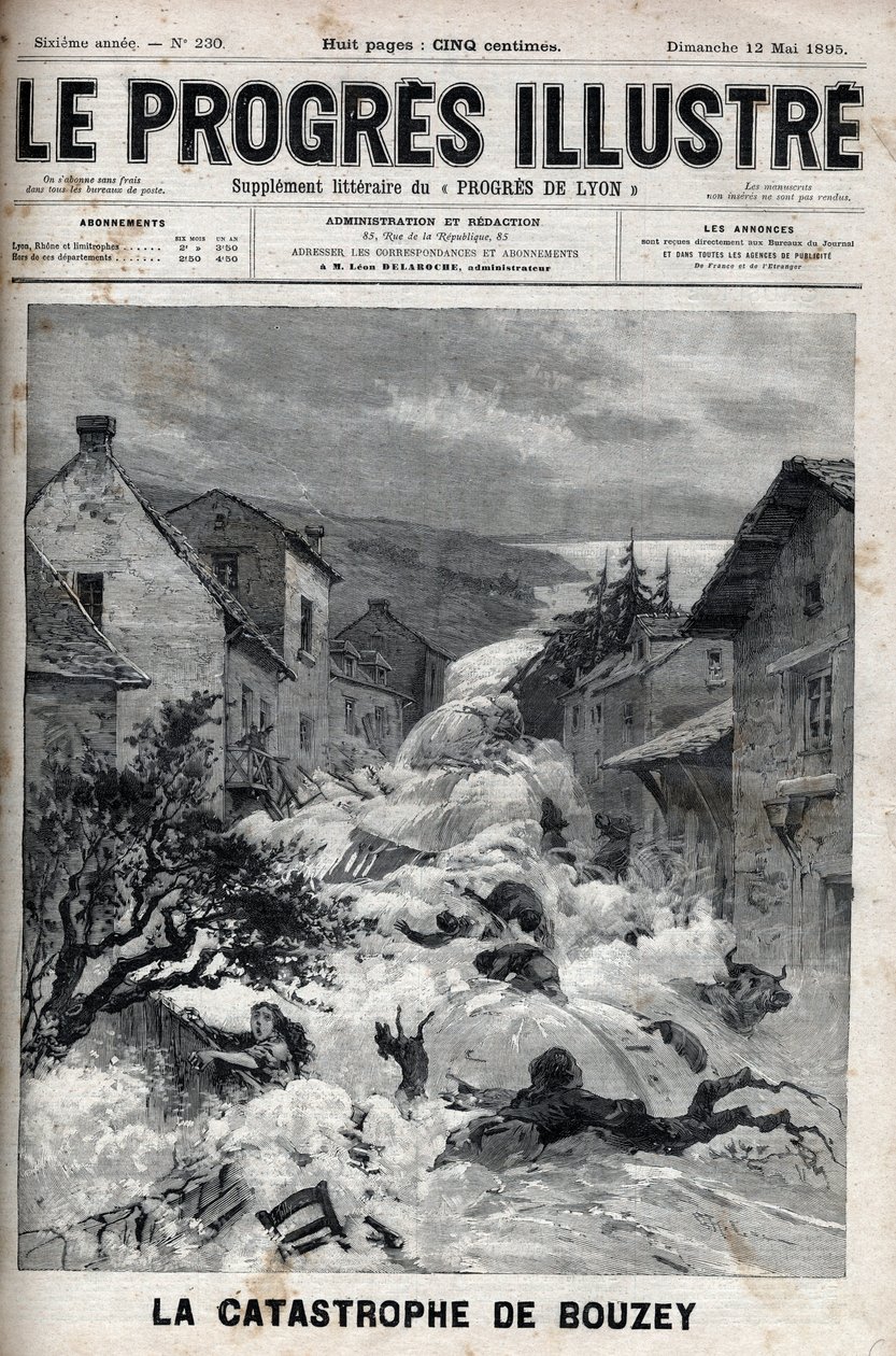 Bouzey (Vosges) felaketi, Epinal rezervuarının barajı kırıldı, 7 milyon metreküp su döküldü - 1895 tarihli “Le Progres ünlü” gravürü by Unknown artist