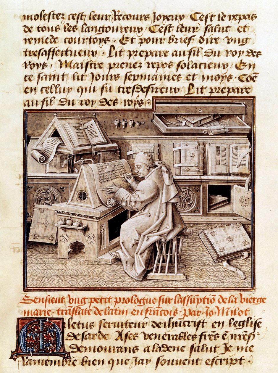 Din adamı, fotokopici ve çevirmen Jean Mielot (ö. 1472), 15. yüzyıldan kalma bir el yazmasının ofis sayfasında çalışmayı temsil ediyor. Paris, B.N. by Unknown artist