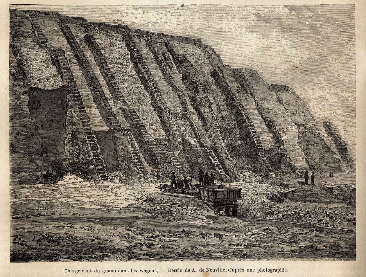 Guano sömürüsü (deniz kuşlarının dışkısı, tarımda gübre olarak kullanılır), Chincha adalarının (Peru kıyılarına yakın) uçurumları, vagonlara yüklenen doğrudan teknelere yüklenen yoğun hammadde hasadı için merdivenlerde kazılır. by Unknown artist