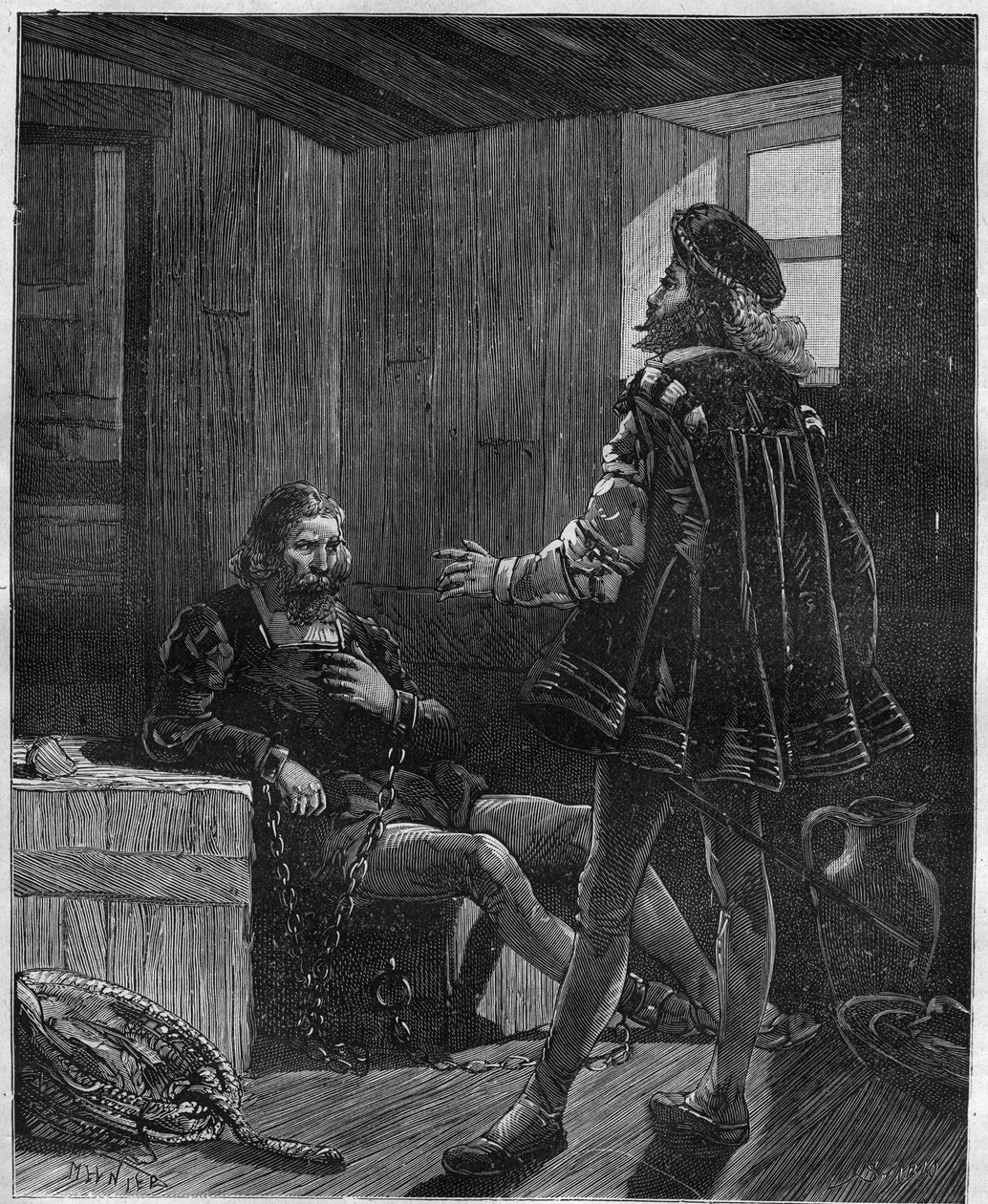 Üçüncü yolculuğundan dönen kaşif ve denizci Christopher Columbus (Christopher Columbus, Cristoforo Colombo, Cristobal Colon) (1451-1506) kargo ambarında zincirlenmiş by Unknown artist