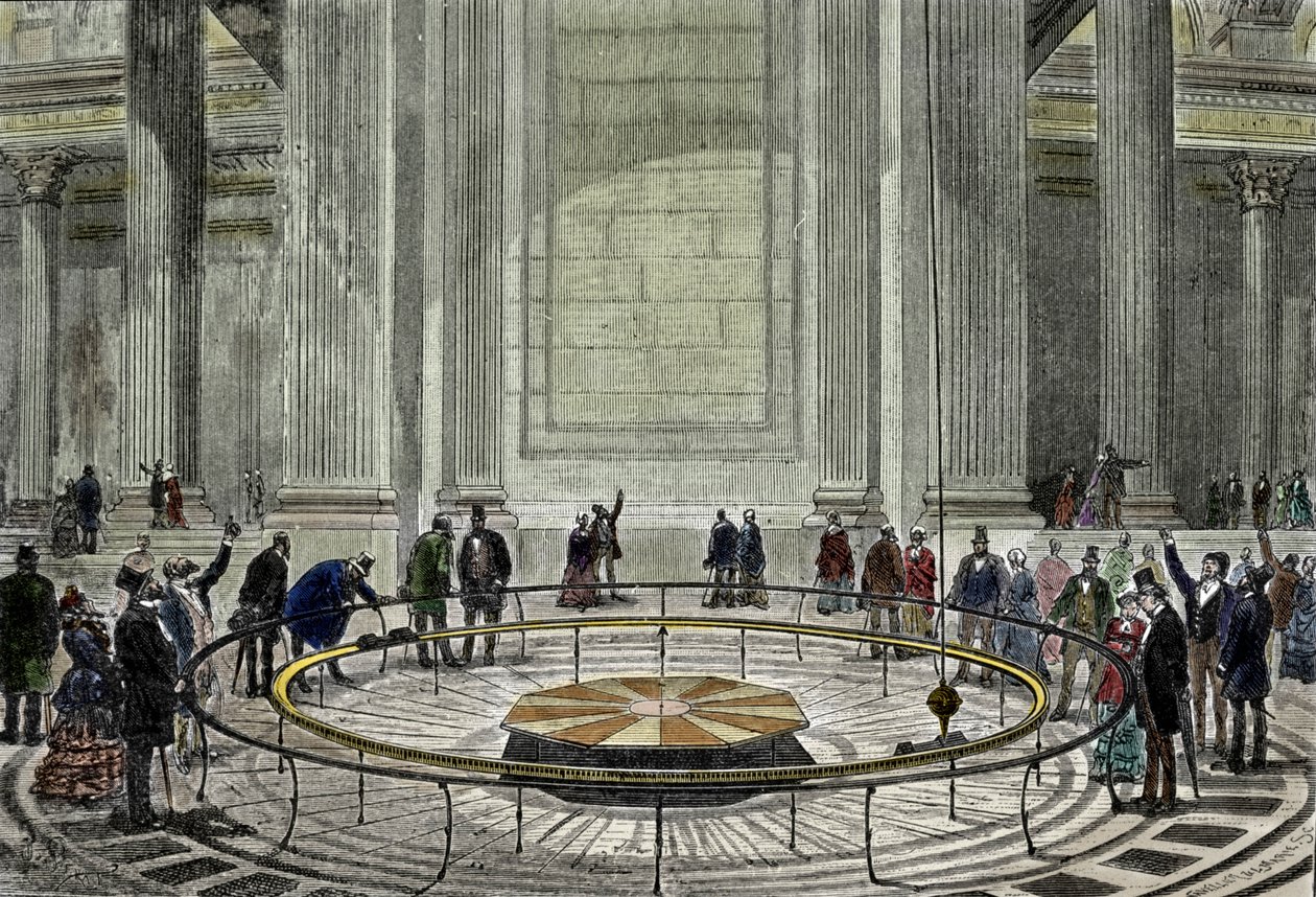 1851'de Leon Foucault'nun Paris'teki Pantheon'da Dünya'nın dönüşünü gösteren ünlü Sarkaç deneyimi. by Unknown artist