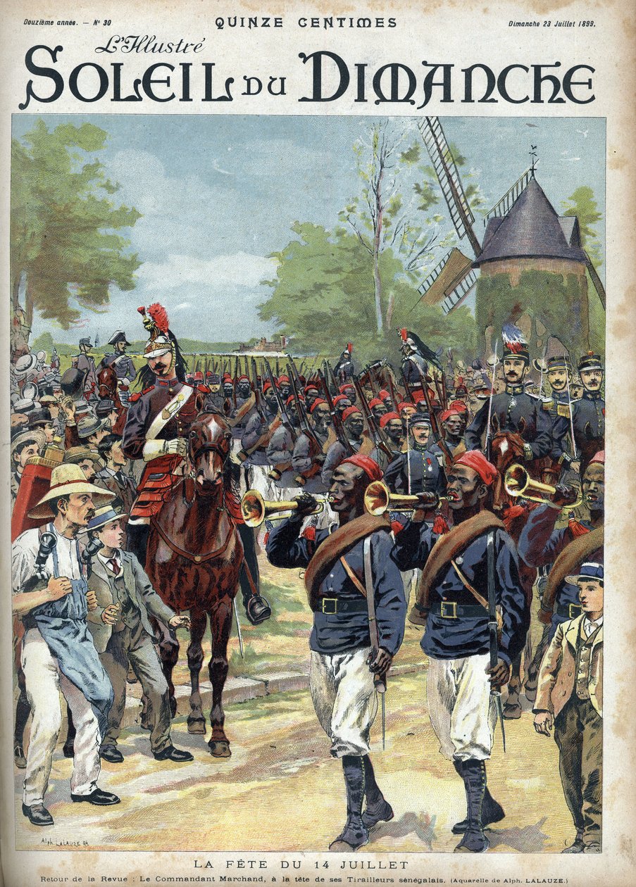 14 Temmuz şenliği: Komutan Marchand, Senegalli binicilerin başına geçti. “Le sun-du-dimanche”” üzerine gravür, 23 Temmuz by Unknown artist