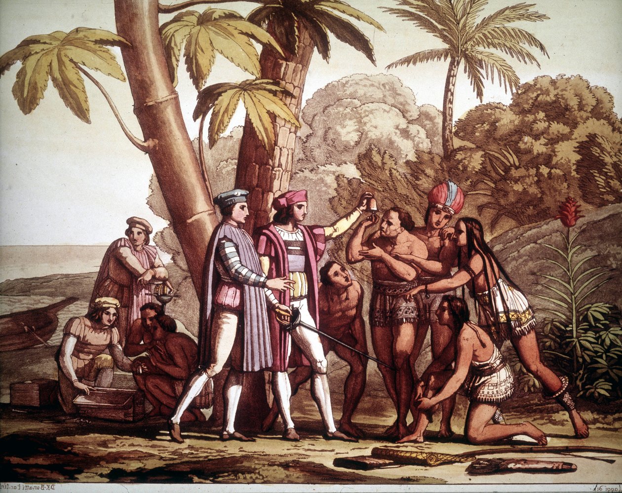 Amerika'ya vardığında Christopher Columbus'a görünen ilk Kızılderililer, - Jules Ferrario'nun “Eski ve modern kostümü”nde by Unknown artist