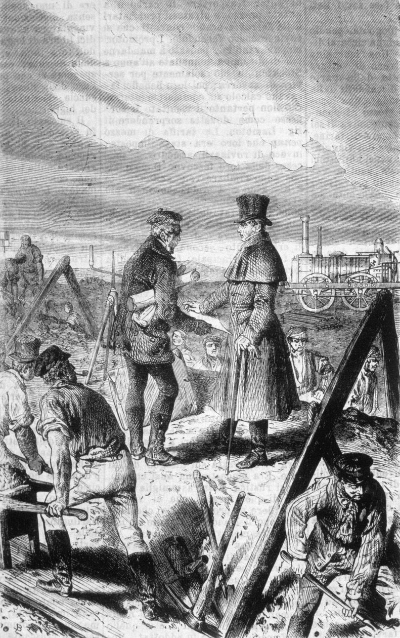 İngiliz mühendis George Stephenson (1781-1848) tarafından inşa edilen ilk buharlı lokomotif. by Unknown artist