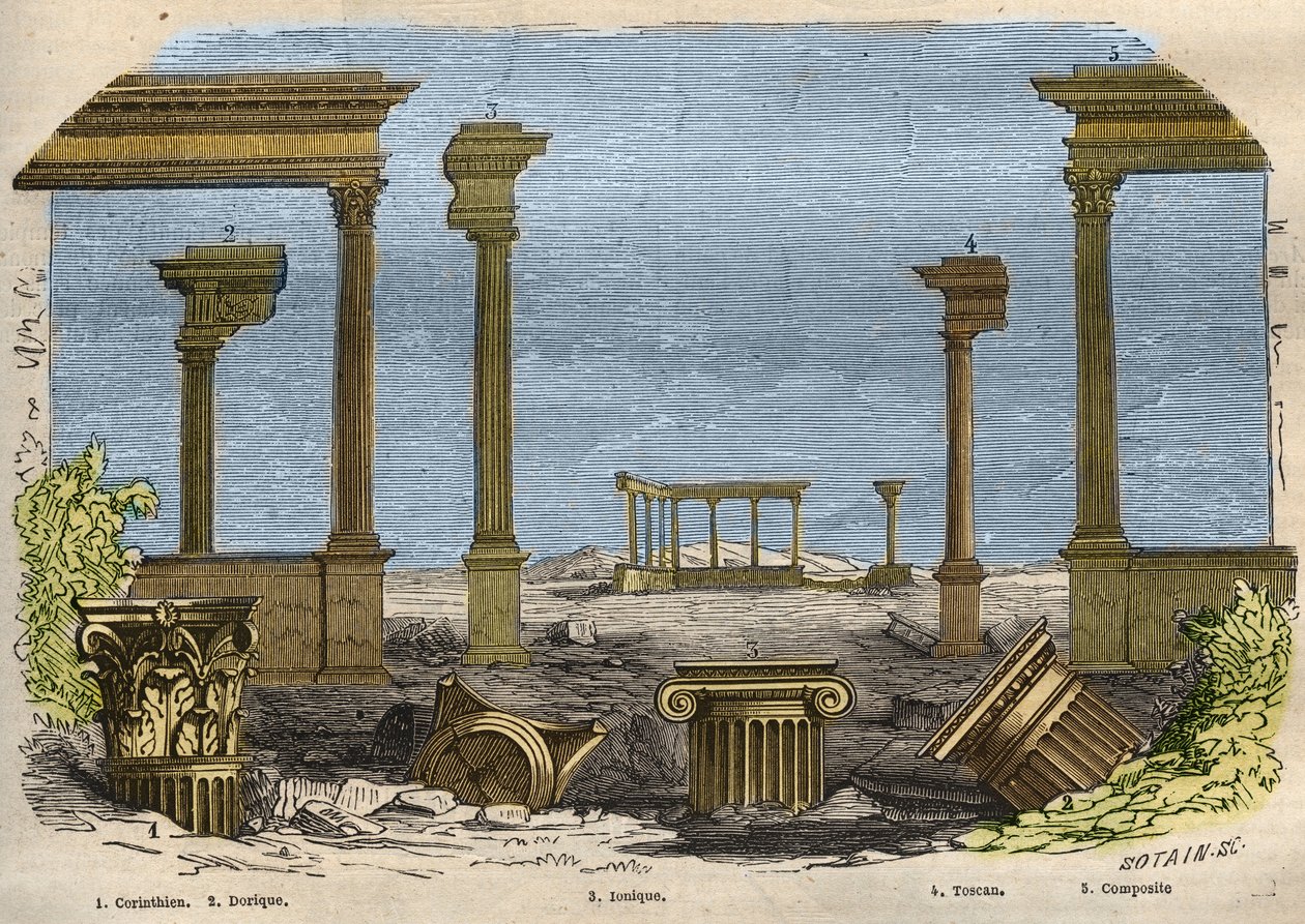 Klasik (antik) mimarinin beş düzeni: Korint, Dor, İyonik, Toskana ve bileşik, her biri bir sütunla temsil edilir. “Le Musee Des Sciences”da 1857