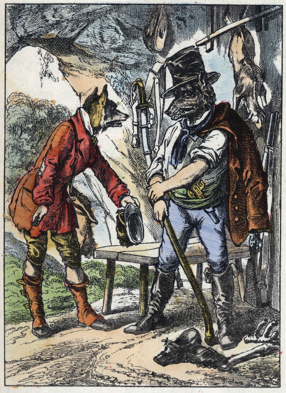 Tilki ve kurt. “İyi Anne Koyun” masalının illüstrasyonu. “” Küçükler için evden masallar” da. 19. yüzyılın anonim gravürü. by Unknown artist