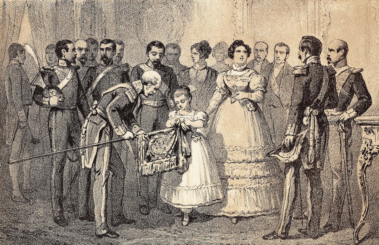 Gelecekteki İspanya Kraliçesi Isabella II (Bourbon'lu Isabella) (1830-1904) (Espana'lı İsabel II) Aziz Ferdinand Nişanı'nın (San Fernando) Muhafızlarının Mızraklarının bayrağını süslüyor. Litograf. by Unknown artist