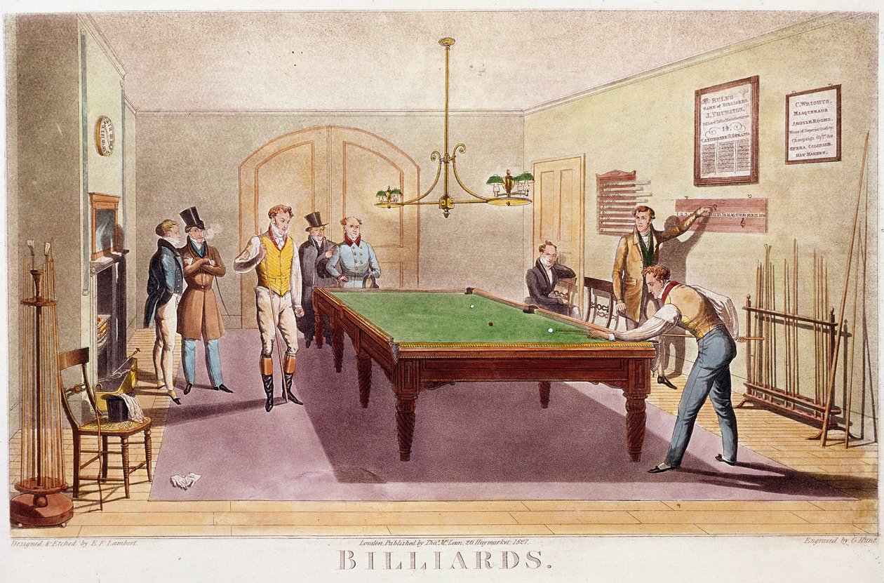 Bilardo oyunu Bilardo oynayan yüksek İngiliz sosyetesinin beyefendileri. 1827