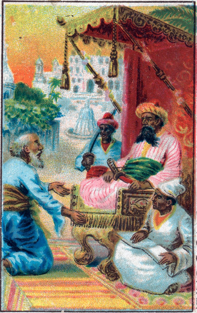 Kral ve Hintli. Masal “Binbir gece”deki “büyülü atın hikayesi”” (1001 gece veya Le mille e una notte, Binbir Gece Masalları). 19. yüzyılın sonlarında kromolitografi. by Unknown artist