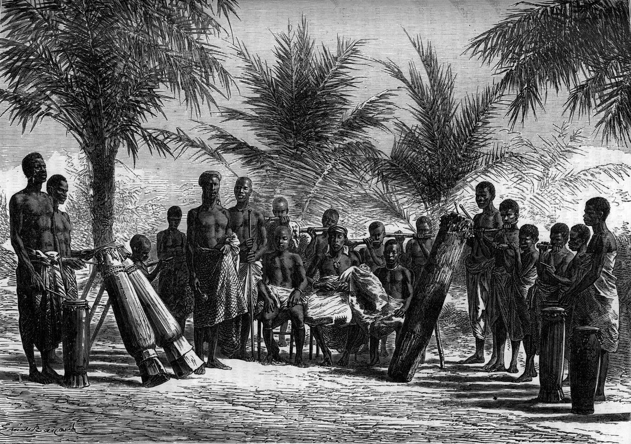 Grand Bassam kralı sarayını çevreliyor. Fildişi Sahili (Fildişi Sahili). “” Le Journal de la jeunesse” üzerine gravür by Unknown artist