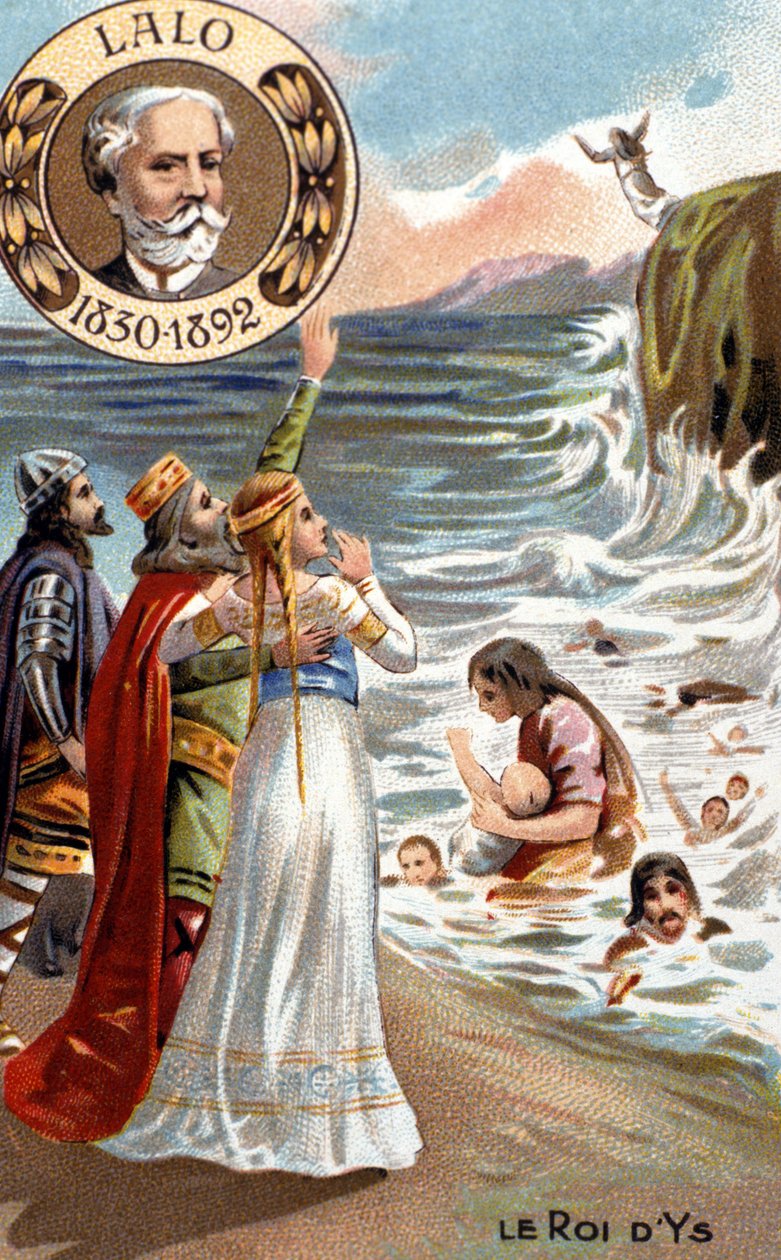 Ys kralı, 4. veya 5. yüzyılda dalgalar tarafından boğulacak olan efsanevi Brittany şehri. Sol üstte temsil edilen Edouard Lalo (1823 - 1892), “Ys Kralı” (1888) operasını besteledi. 19. yüzyılın kromolitografı. by Unknown artist