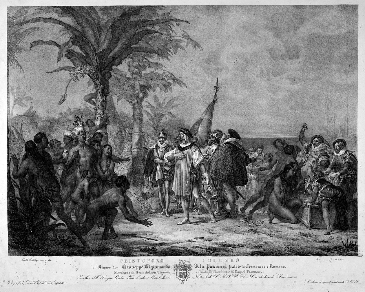Kristof Kolomb'un 12/10/1492'de San Salvador'a (Bahamalar) inişi. 19. yüzyılın gravürü. by Unknown artist