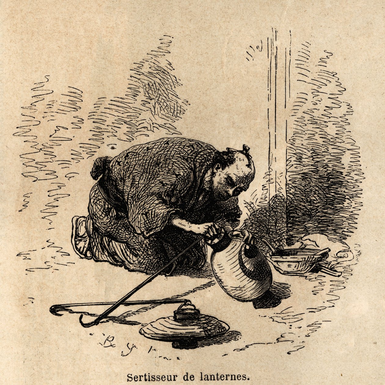 Fener kıvırıcı, kelepçe dışında herhangi bir alet olmadan, kağıt fenerlere çember ve tel kanca çerçevelerini ayarlar. 1863-1864