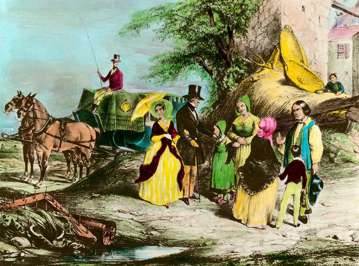 Lord ve çiftçisi Mülkün efendisi köylüleri ziyaret eder. 19. yüzyıl Özel Koleksiyonunun gravürü by Unknown artist