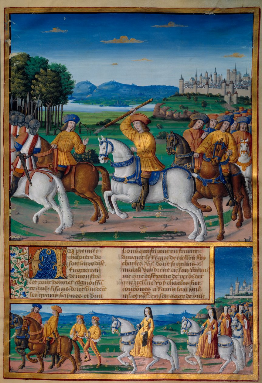 Charles VI'nın çılgınlığı (1368 - 1422). 5 Ağustos 1392'de Le Mans ormanında öfkeli delilik saldırıları yaşamaya başladı: ihanet çığlıkları atarak kendi birliğine saldırdı ve dört kişiyi öldürdü. Enguerrand de Monstrelet Günlükleri (v. 1400) by Unknown artist