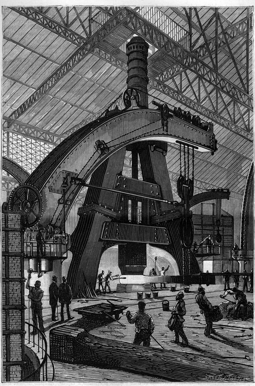 Metal endüstrisi: Forge. Schneider ve Compagnie fabrikalarında kurulan Creusot buharlı çekici (davulcu çekici). “” La Nature” da gravür by Unknown artist