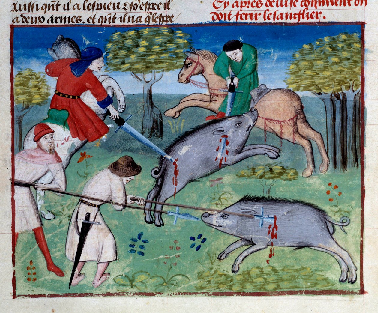 Gaston III Phoebus, Count of Foix, Lord of Bearn (1331-1391) tarafından yazılan “Avlanma Kitabı”ndan minyatür yaban domuzu avı by Unknown artist