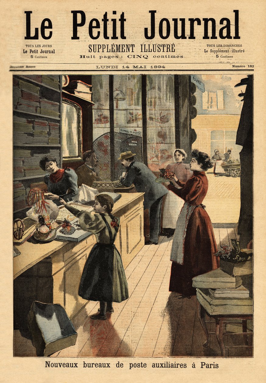 Paris'teki yeni yardımcı postaneler, bazı müzakereciler ticari faaliyetlerine paralel olarak bir posta servisi tezgahı açıyor. “” Le petit dergisinde” gravür 14/05/1894. Selva'nın koleksiyonu. by Unknown artist