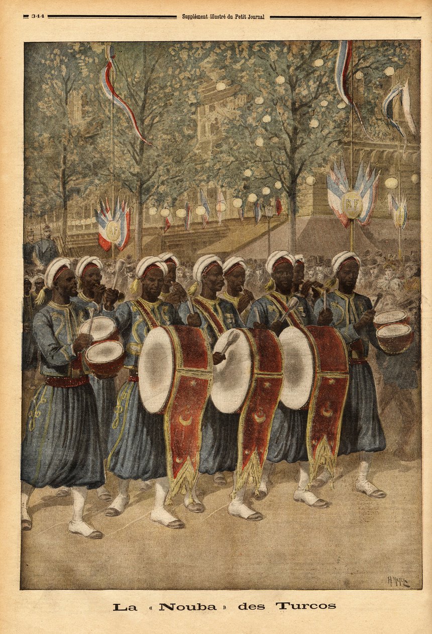 Paris sokaklarında yürüyen Cezayirli Türklerin nubası. “Le petit Journal”da gravür” 25/10/1896. Selva