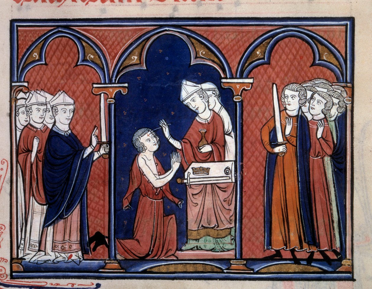 Kralı meshetme ritüelinin kutsal Temsili ordo (muhtemelen Louis IX (Saint Louis) (1214-1270)). Paris, B.N. 1250
