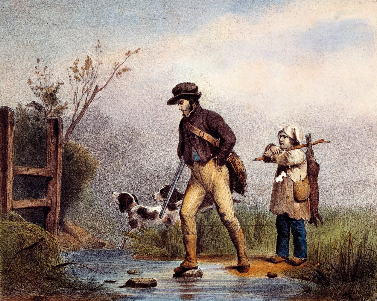 Geçitte, bir su yolunu yürüyerek geçen avcılar var. 19. yüzyıl Gien litografisi, av müzesi by Unknown artist