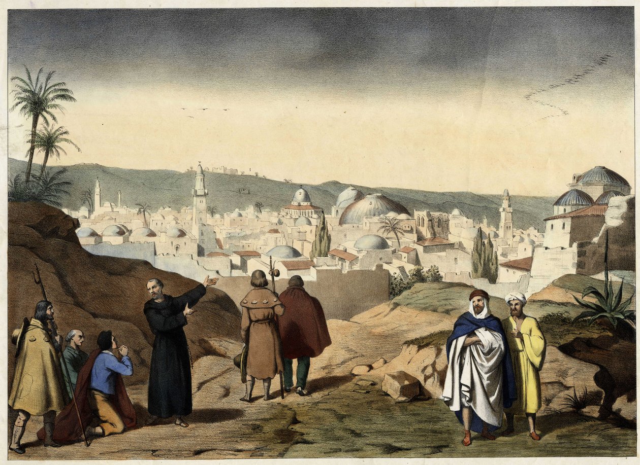 Pelerinler Kudüs şehrine varırlar. 19. yüzyılın ortalarından anonim gravür - “” Ailelerin Büyük İlmihalinde””. by Unknown artist