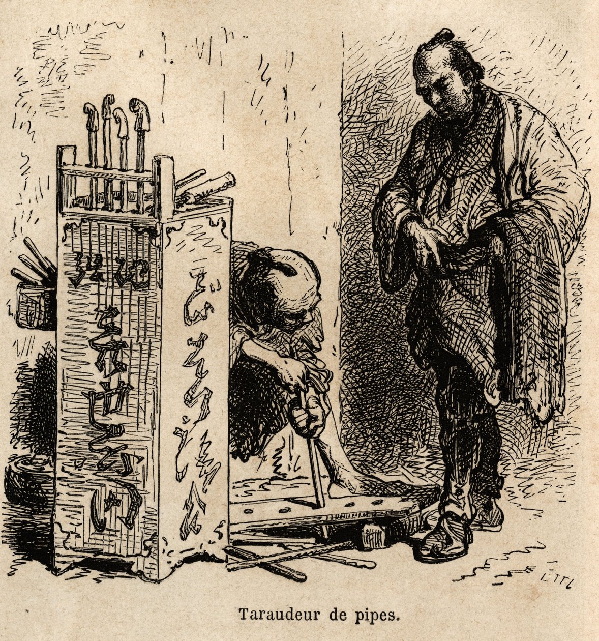 Atölyesindeki boru kılavuz çekme makinesi, boruları delmek için, demir helezon içine yerleştirilmiş, inegale boyutunda deliklerle delinmiş basit bir tahta kullanıyor. 1863-1864