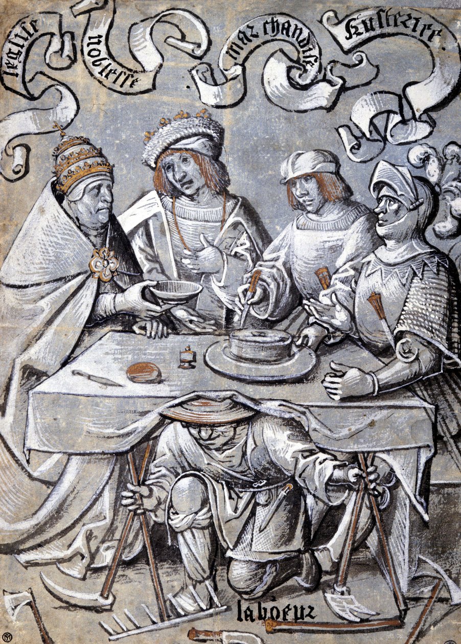 Papa, soylular, tüccarlar ve halkın sırtına komplo kuran ordu (köylü) - Antipapist karikatür by Unknown artist