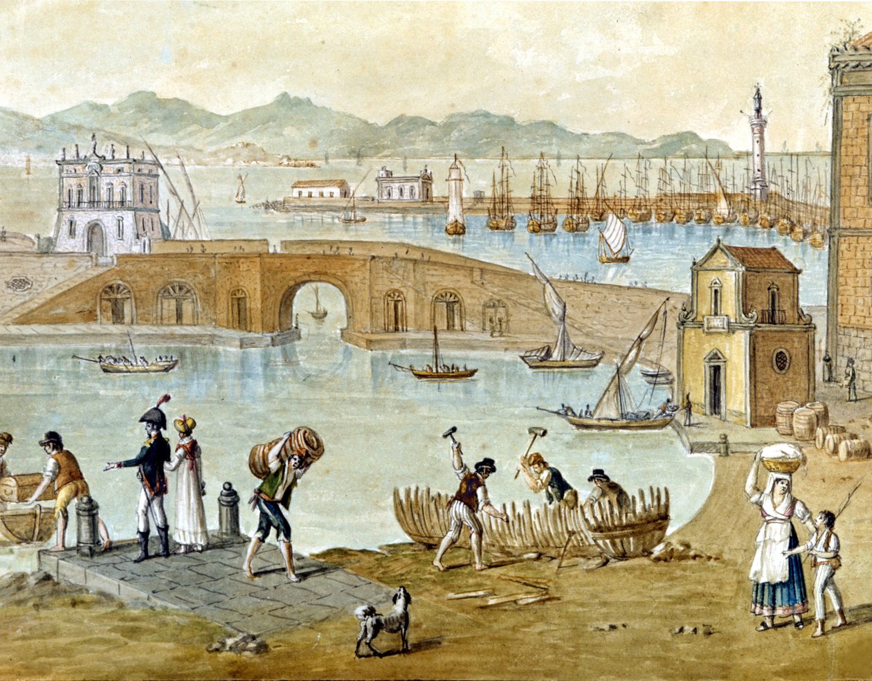 1800 civarında Napoli ve Santa Lucia limanı: gezginler ayrılmaya hazırlanıyor ve marangozlar bir tekne inşa ediyor. Suluboya. by Unknown artist