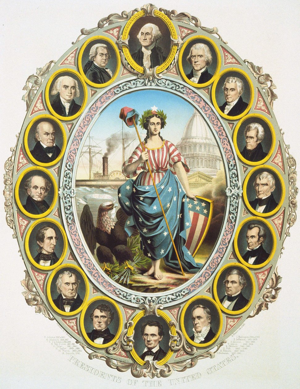 Ortada Amerika sembolü olan Amerika Birleşik Devletleri başkanları. Yukarı, Washington ve aşağı Abraham Lincoln. 1861