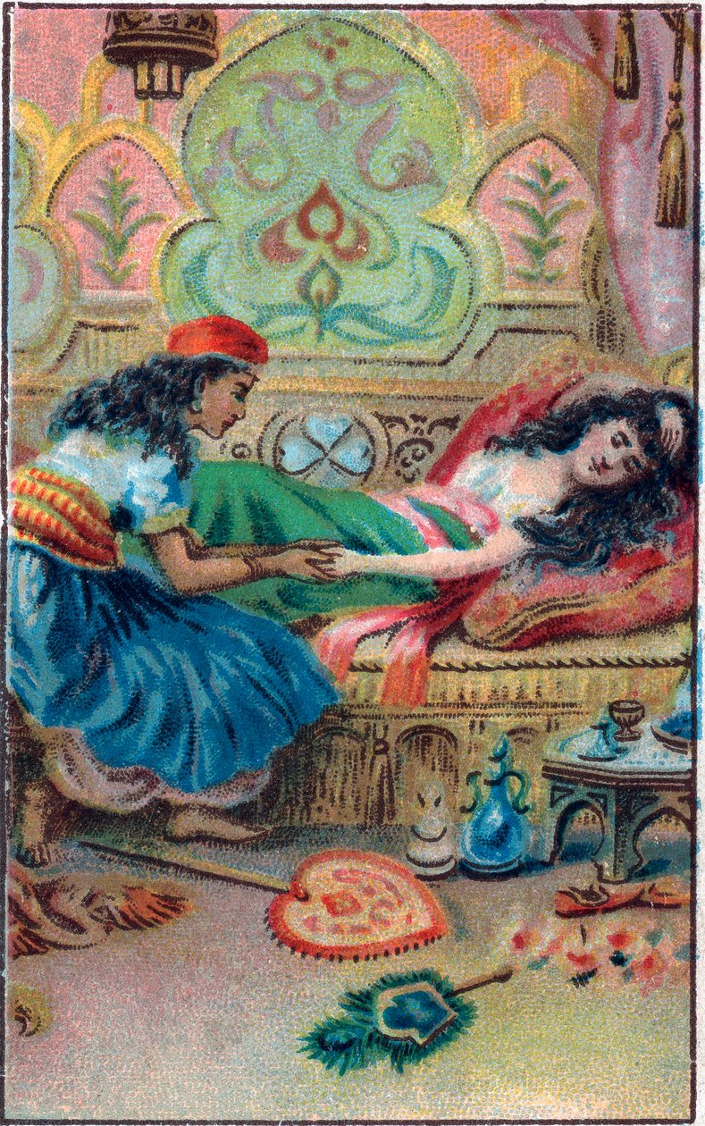 Prenses gerçekleri. Masal “Binbir gece”deki “büyülü atın hikayesi”” (1001 gece veya Le mille e una notte, Binbir Gece Masalları). 19. yüzyılın sonlarında kromolitografi. by Unknown artist