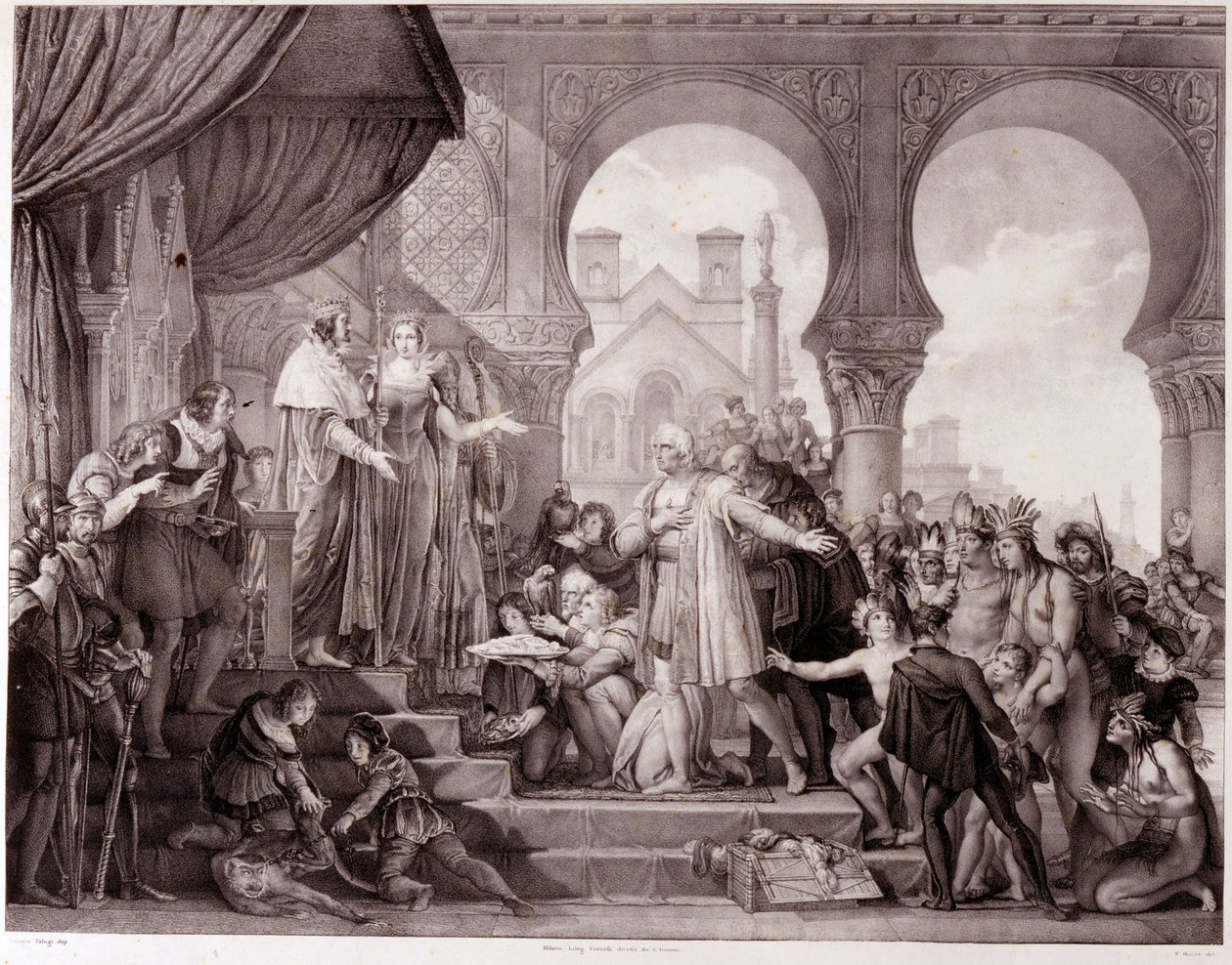 Kristof Kolomb'un Amerika'yı keşfettikten sonra Aragon Kralı II. Ferdinand ve Kastilya Kralı 1. Isabella'dan (Katolik olarak anılır) önce İspanya'ya dönüşü. 19. yüzyılın gravürü. by Unknown artist