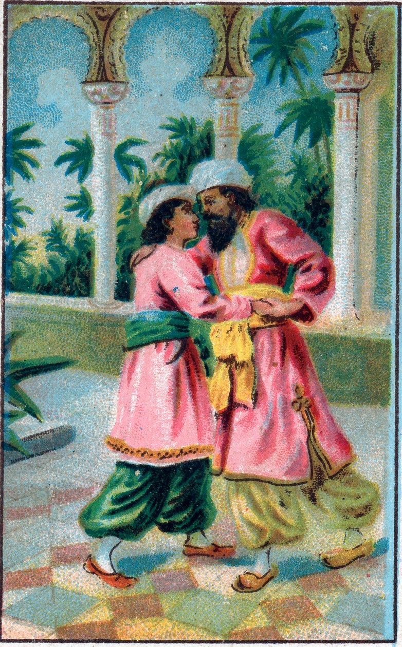 Prensin dönüşü. “”Binbir gece””””deki “”büyülü atın hikayesi”””” (1001 gece veya Le mille e una notte, Binbir Gece Masalları). 19. yüzyılın sonlarında kromolitografi. by Unknown artist