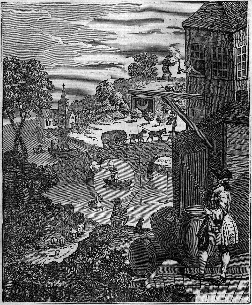Gülünç perspektif William Hogarth (1697-1764) tarafından nesnelerin ve kişilerin düzlem seviyelerini önererek ressamların perspektif sanatıyla alay eden hiciv illüstrasyonu, mesafeler nedeniyle gerçekte imkansız. by Unknown artist
