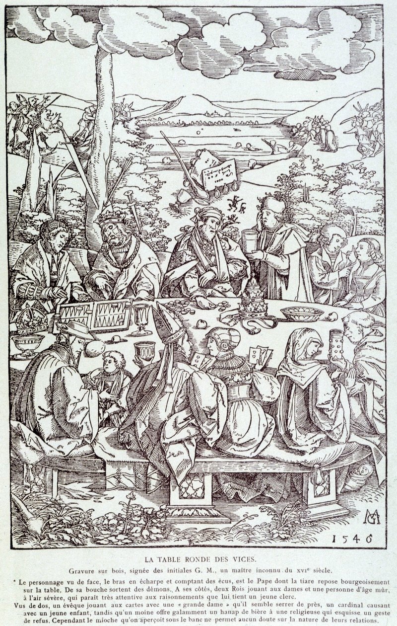 Kötülüklerin yuvarlak masası: oyun, açgözlülük, şehvet, gurur... - Gravür 1546 by Unknown artist