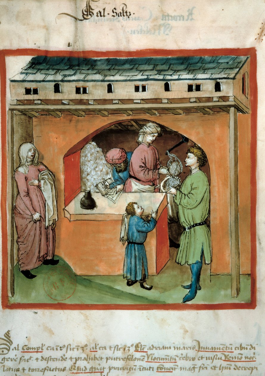 İlaç ve diyetetik ticaretinden tuz tüccarı Eluminure “” Tacuinum sanitatis” by Unknown artist