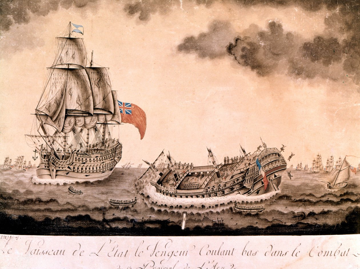 İntikamcı gemi enkazı 1/06/1794'te İngiliz filosu tarafından Brest açıklarında battı. Gravür 18. yüzyıl sonu, 19. yüzyıl başı. by Unknown artist