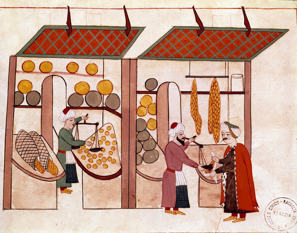 Dört mevsim tüccarının dükkânı, meyve ve sebzelerin kötü alışkanlıkları üzerine, 17. yüzyıla (1671) ait bir orijinalden sonra 19. yüzyıla ait Cicogna (1828) el yazmasından minyatür. Venedik, Biblioteca Marciana by Unknown artist