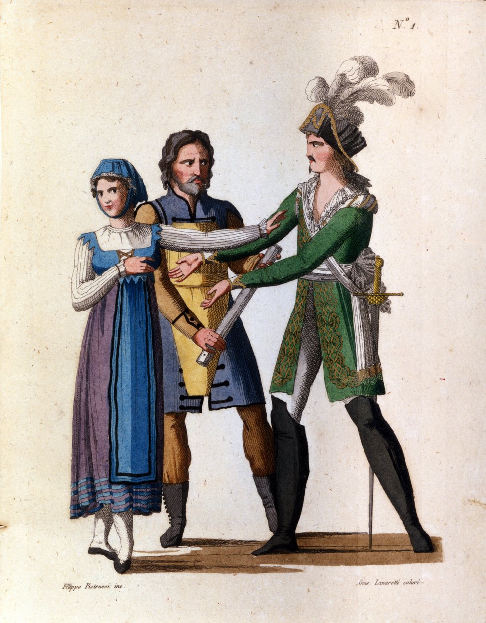 Şarkıcılar Savino Monelli (Bertrando), Teresa Bello (Isabella) ve Filippo Galli (Tarabotto), Gioacchino Rossini