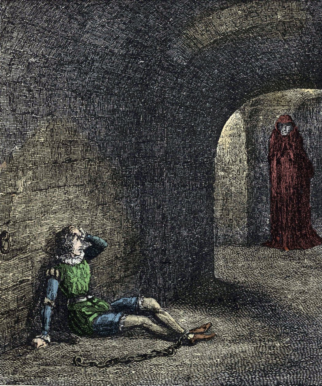 Kulenin hayaleti Bir zindandaki mahkum zincirleri, önünde bir hayalet görür. 19. yüzyıl William Harrison Ainsworth tarafından “Londra Kulesi” için illüstrasyon by Unknown artist