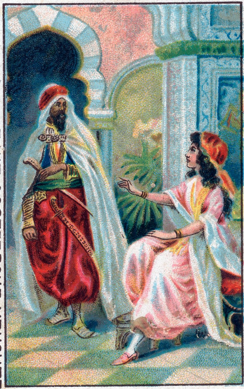 Sultan ve prenses. Masal “Binbir gece”deki “büyülü atın hikayesi”” (1001 gece veya Le mille e una notte, Binbir Gece Masalları). 19. yüzyılın sonlarında kromolitografi. by Unknown artist