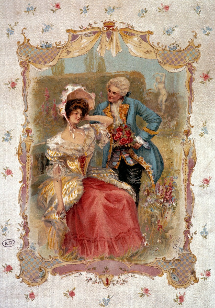 Tatlı itiraf 18. yüzyılda bir kadına kur yapan bir adam. 19. yüzyıl Paris litografisi, Dekoratif Sanatlar by Unknown artist