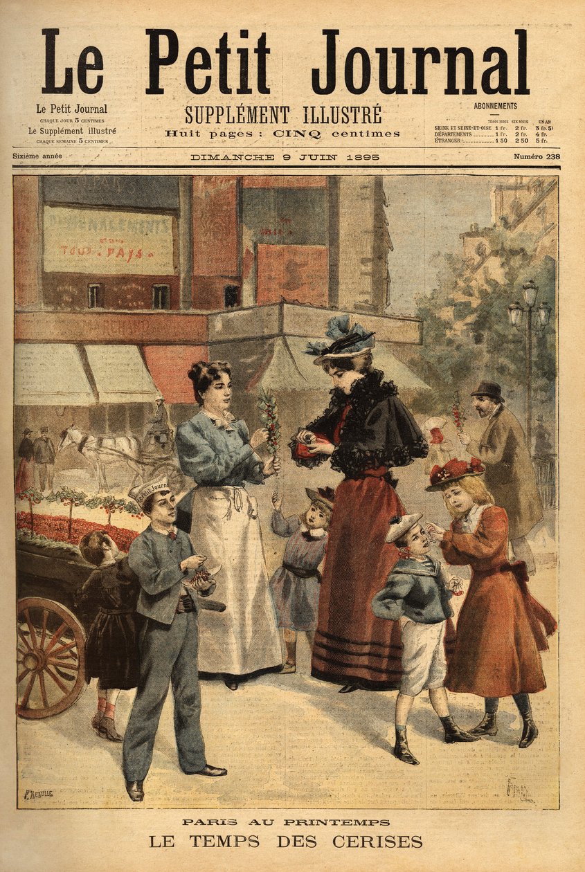 Kiraz zamanı, Paris sokaklarında yürüyen tüccar. “” Le petit dergisinde” gravür” 9/06/1895. Selva