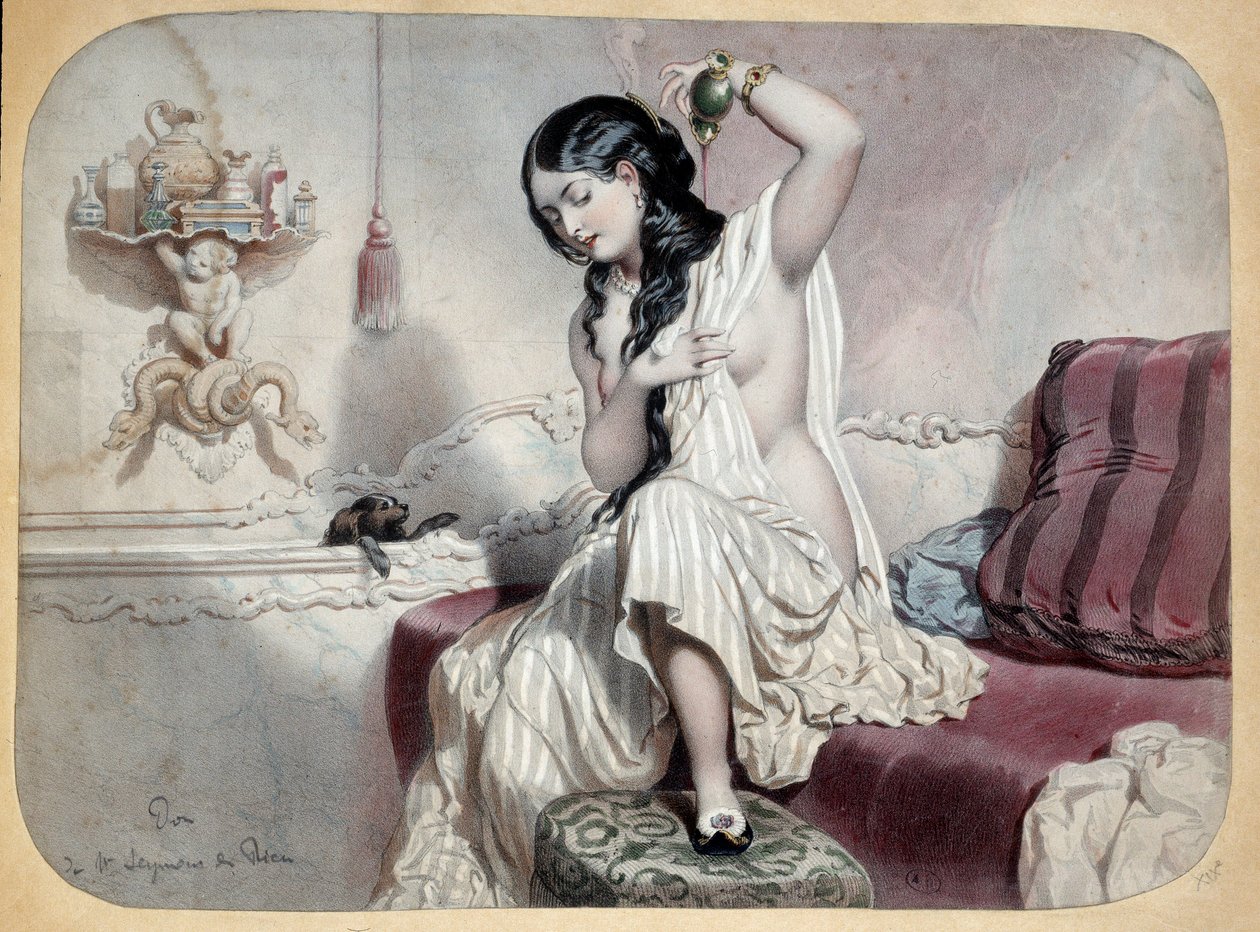 Tuvalet. Küvetinin yanındaki banyoda bir kadın banyo yapmak üzere. 19. yüzyılın illüstrasyonu. Paris, Dekoratif Sanatlar by Unknown artist