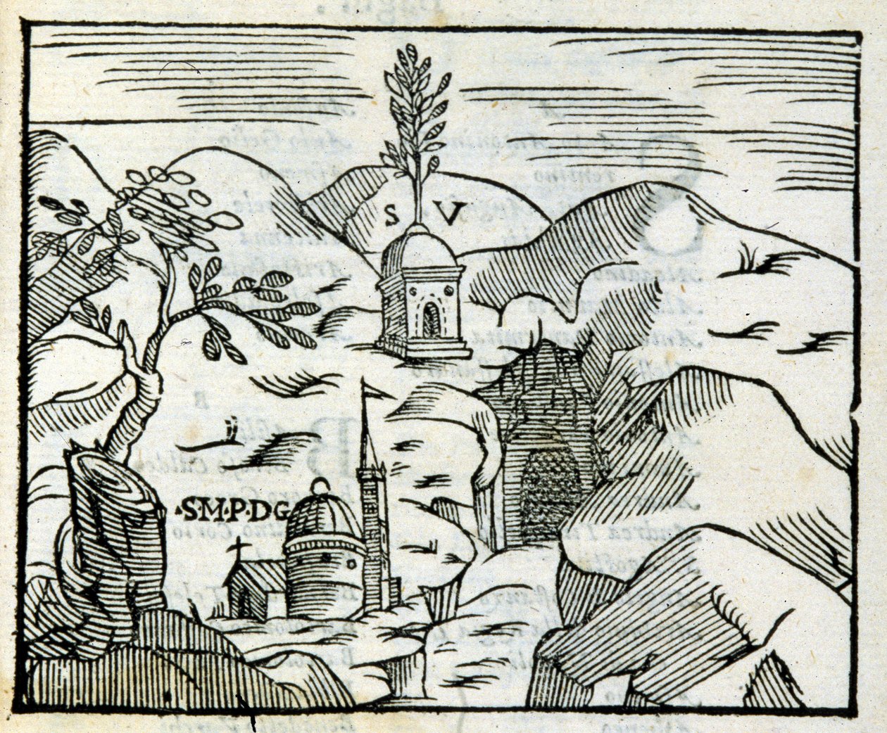 Pozzuoli'deki (Pozzuoli) Virgil'in mezarı (MÖ 70 - MÖ 19). 17. yüzyıldan kalma bir turist rehberinden sonra Xylography. by Unknown artist